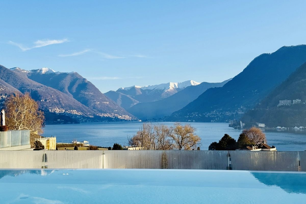 Infinity pool with lake view